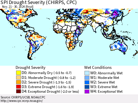 World SPI Drought Severity (CHIRPS) Thematic Map For 11/21/2024 - 11/30/2024