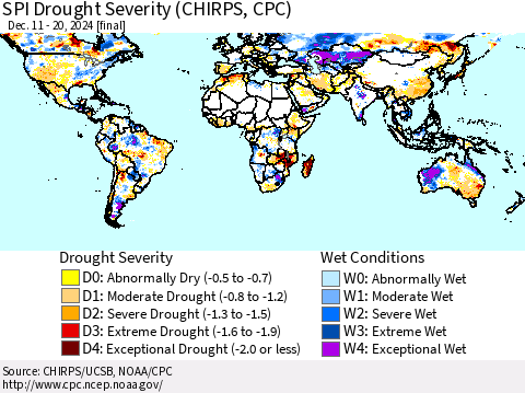 World SPI Drought Severity (CHIRPS) Thematic Map For 12/11/2024 - 12/20/2024