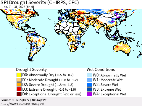 World SPI Drought Severity (CHIRPS) Thematic Map For 1/21/2025 - 1/31/2025