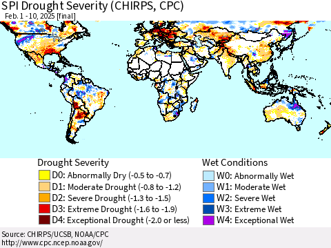 World SPI Drought Severity (CHIRPS) Thematic Map For 2/1/2025 - 2/10/2025