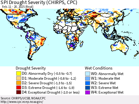 World SPI Drought Severity (CHIRPS) Thematic Map For 2/11/2025 - 2/20/2025