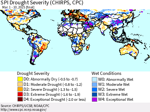 World SPI Drought Severity (CHIRPS) Thematic Map For 3/1/2025 - 3/10/2025