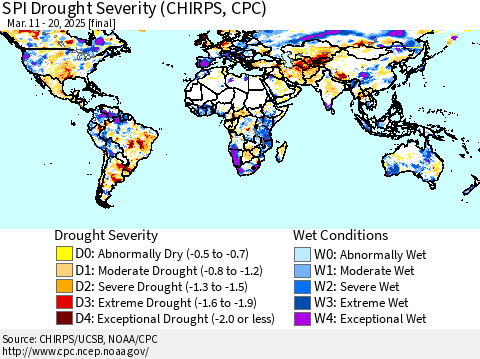 World SPI Drought Severity (CHIRPS) Thematic Map For 3/11/2025 - 3/20/2025