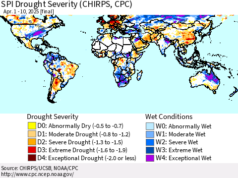 World SPI Drought Severity (CHIRPS) Thematic Map For 4/1/2025 - 4/10/2025