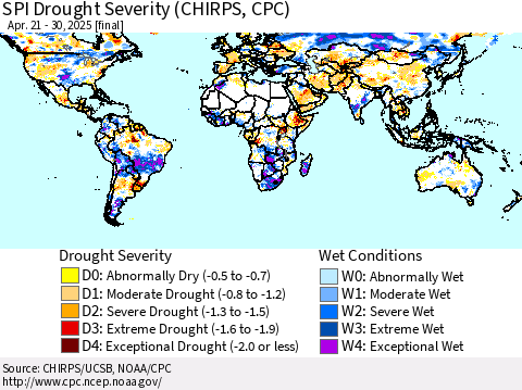 World SPI Drought Severity (CHIRPS) Thematic Map For 4/21/2025 - 4/30/2025
