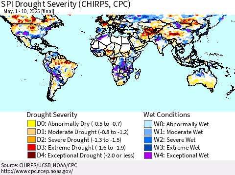 World SPI Drought Severity (CHIRPS) Thematic Map For 5/1/2025 - 5/10/2025