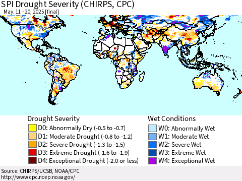 World SPI Drought Severity (CHIRPS) Thematic Map For 5/11/2025 - 5/20/2025