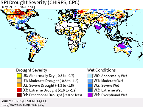 World SPI Drought Severity (CHIRPS) Thematic Map For 5/21/2025 - 5/31/2025