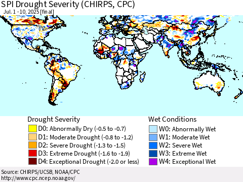 World SPI Drought Severity (CHIRPS) Thematic Map For 7/1/2025 - 7/10/2025