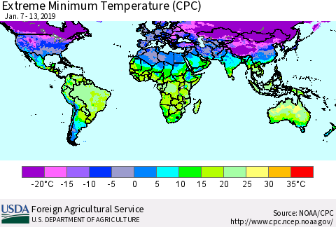 World Minimum Daily Temperature (CPC) Thematic Map For 1/7/2019 - 1/13/2019