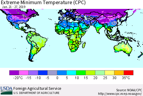 World Minimum Daily Temperature (CPC) Thematic Map For 1/21/2019 - 1/27/2019