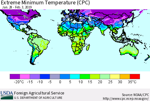 World Minimum Daily Temperature (CPC) Thematic Map For 1/28/2019 - 2/3/2019