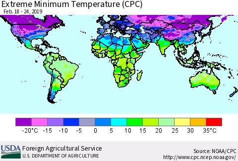World Minimum Daily Temperature (CPC) Thematic Map For 2/18/2019 - 2/24/2019
