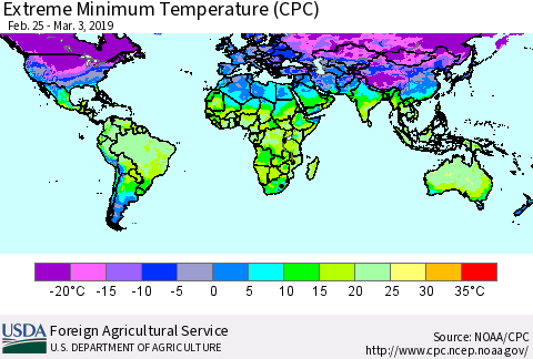World Minimum Daily Temperature (CPC) Thematic Map For 2/25/2019 - 3/3/2019