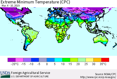 World Minimum Daily Temperature (CPC) Thematic Map For 3/4/2019 - 3/10/2019