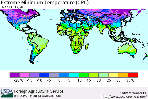 World Minimum Daily Temperature (CPC) Thematic Map For 3/11/2019 - 3/17/2019