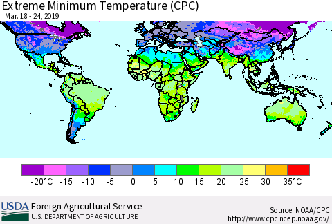 World Minimum Daily Temperature (CPC) Thematic Map For 3/18/2019 - 3/24/2019