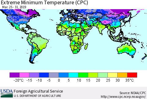 World Minimum Daily Temperature (CPC) Thematic Map For 3/25/2019 - 3/31/2019
