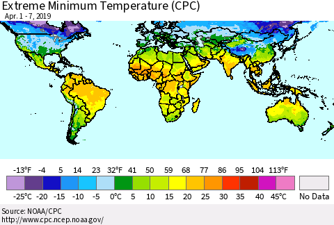 World Minimum Daily Temperature (CPC) Thematic Map For 4/1/2019 - 4/7/2019