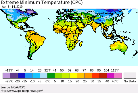 World Minimum Daily Temperature (CPC) Thematic Map For 4/8/2019 - 4/14/2019