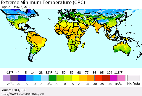 World Minimum Daily Temperature (CPC) Thematic Map For 4/29/2019 - 5/5/2019