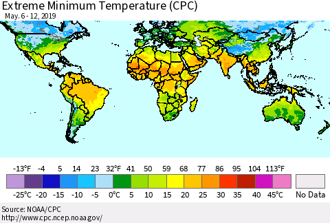 World Minimum Daily Temperature (CPC) Thematic Map For 5/6/2019 - 5/12/2019