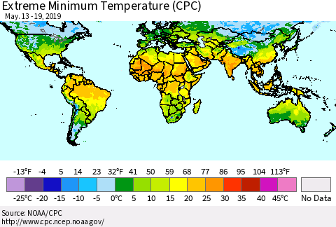 World Minimum Daily Temperature (CPC) Thematic Map For 5/13/2019 - 5/19/2019