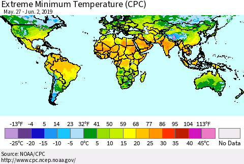 World Minimum Daily Temperature (CPC) Thematic Map For 5/27/2019 - 6/2/2019