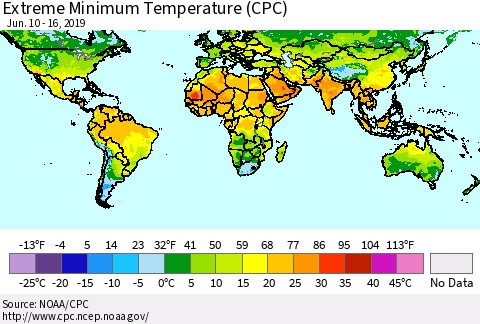 World Minimum Daily Temperature (CPC) Thematic Map For 6/10/2019 - 6/16/2019