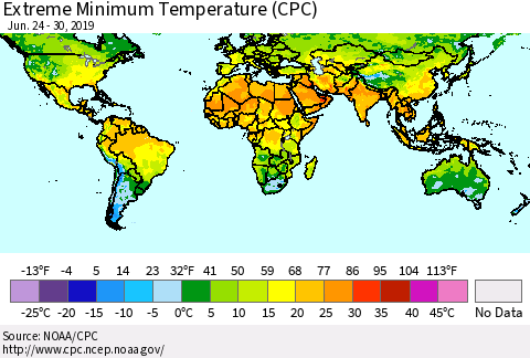World Minimum Daily Temperature (CPC) Thematic Map For 6/24/2019 - 6/30/2019