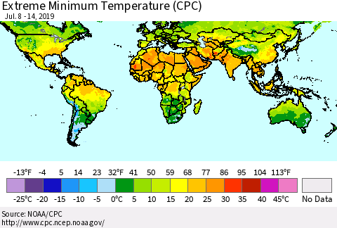 World Minimum Daily Temperature (CPC) Thematic Map For 7/8/2019 - 7/14/2019