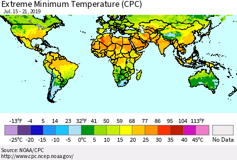World Minimum Daily Temperature (CPC) Thematic Map For 7/15/2019 - 7/21/2019