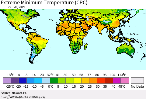 World Minimum Daily Temperature (CPC) Thematic Map For 7/22/2019 - 7/28/2019