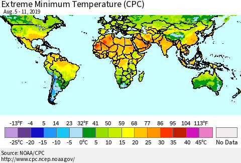 World Minimum Daily Temperature (CPC) Thematic Map For 8/5/2019 - 8/11/2019
