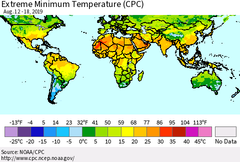 World Minimum Daily Temperature (CPC) Thematic Map For 8/12/2019 - 8/18/2019