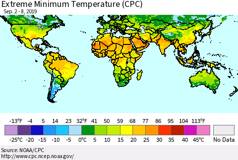 World Minimum Daily Temperature (CPC) Thematic Map For 9/2/2019 - 9/8/2019