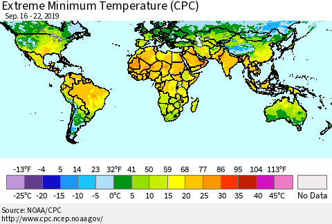 World Minimum Daily Temperature (CPC) Thematic Map For 9/16/2019 - 9/22/2019