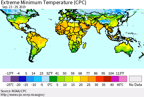 World Minimum Daily Temperature (CPC) Thematic Map For 9/23/2019 - 9/29/2019