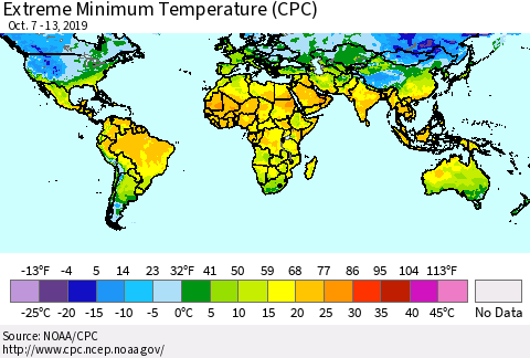 World Minimum Daily Temperature (CPC) Thematic Map For 10/7/2019 - 10/13/2019