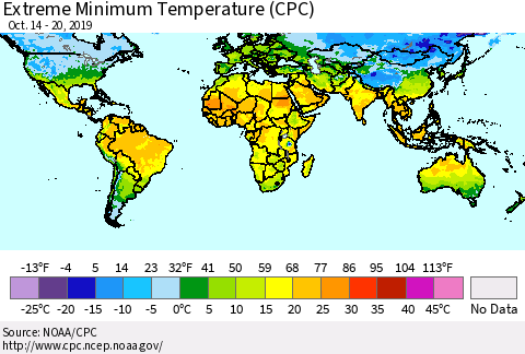World Minimum Daily Temperature (CPC) Thematic Map For 10/14/2019 - 10/20/2019