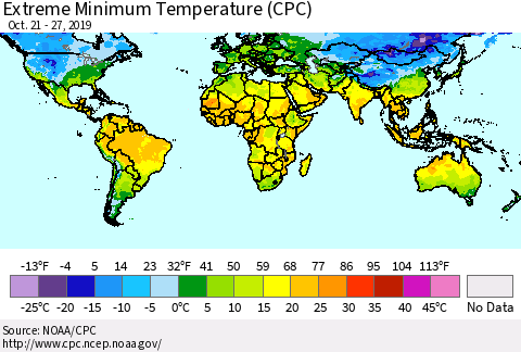 World Minimum Daily Temperature (CPC) Thematic Map For 10/21/2019 - 10/27/2019