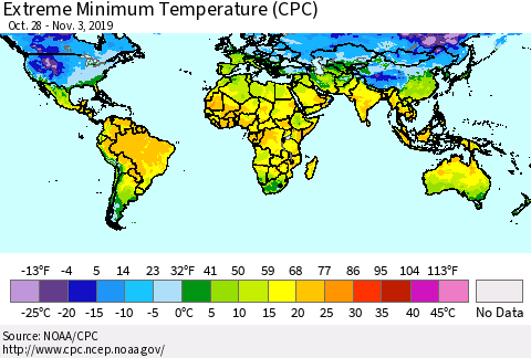 World Minimum Daily Temperature (CPC) Thematic Map For 10/28/2019 - 11/3/2019