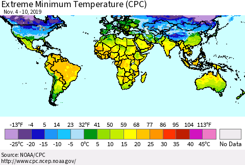 World Minimum Daily Temperature (CPC) Thematic Map For 11/4/2019 - 11/10/2019