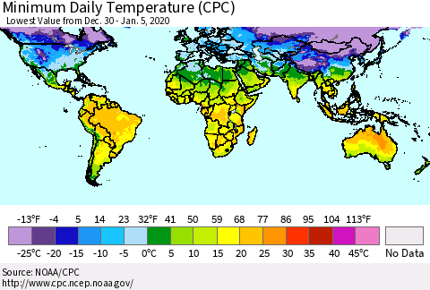 World Minimum Daily Temperature (CPC) Thematic Map For 12/30/2019 - 1/5/2020