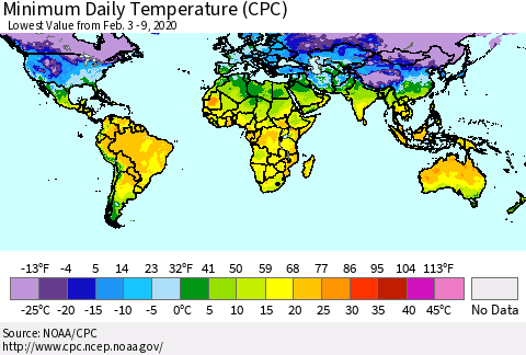 World Minimum Daily Temperature (CPC) Thematic Map For 2/3/2020 - 2/9/2020