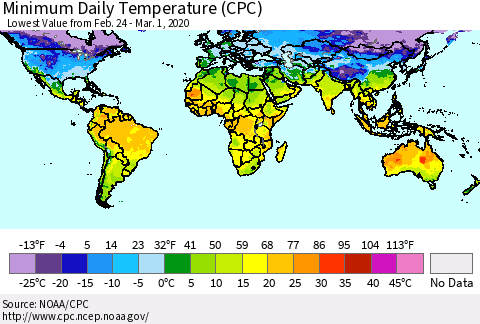 World Minimum Daily Temperature (CPC) Thematic Map For 2/24/2020 - 3/1/2020