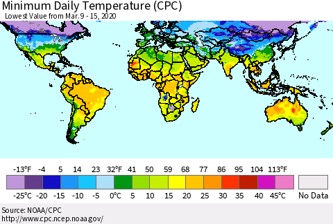 World Minimum Daily Temperature (CPC) Thematic Map For 3/9/2020 - 3/15/2020