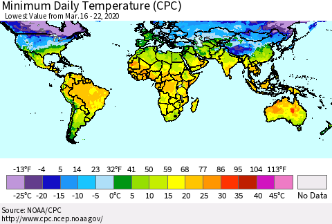 World Minimum Daily Temperature (CPC) Thematic Map For 3/16/2020 - 3/22/2020