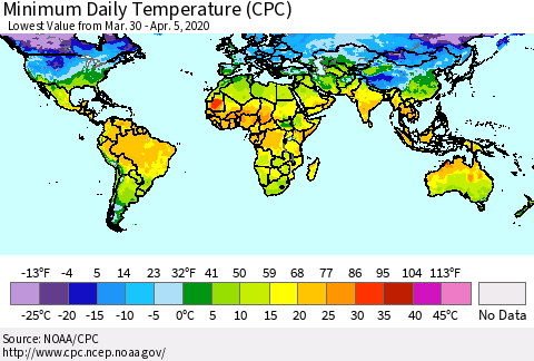 World Minimum Daily Temperature (CPC) Thematic Map For 3/30/2020 - 4/5/2020
