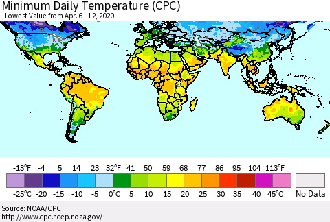 World Minimum Daily Temperature (CPC) Thematic Map For 4/6/2020 - 4/12/2020